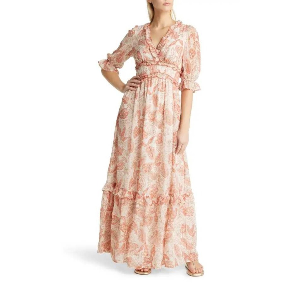 BTFL-life Maxi Dress Womens Large Coral Tropical Floral Gold Metallic‎ Ruffle